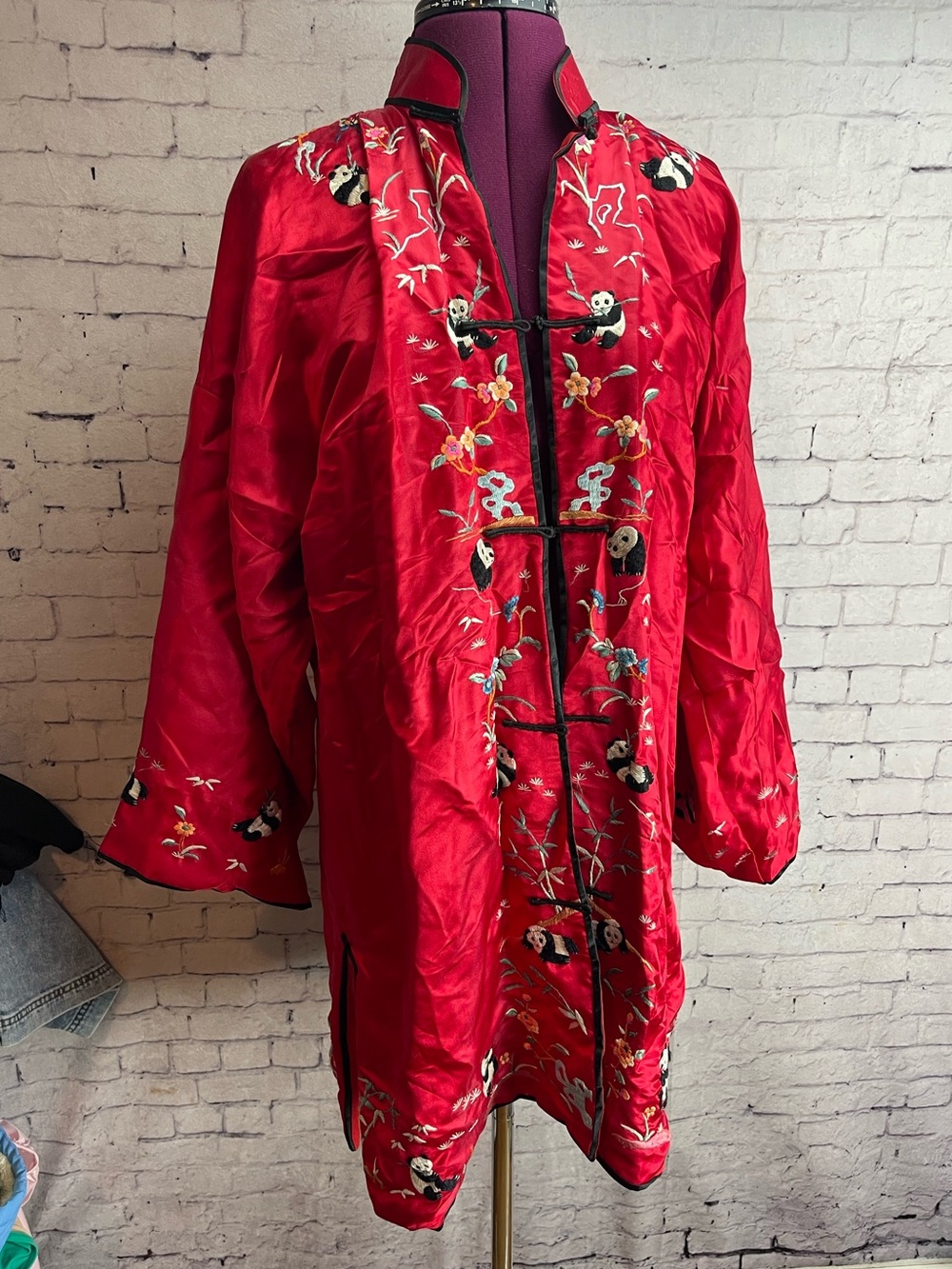 DC vintage silk jacket red silk blend with embroidered pandas size large
